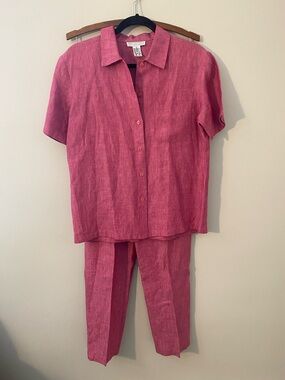 Saks Fifth Avenue 100% Linen Pink Short-Sleeve Top with Matching Pants Set